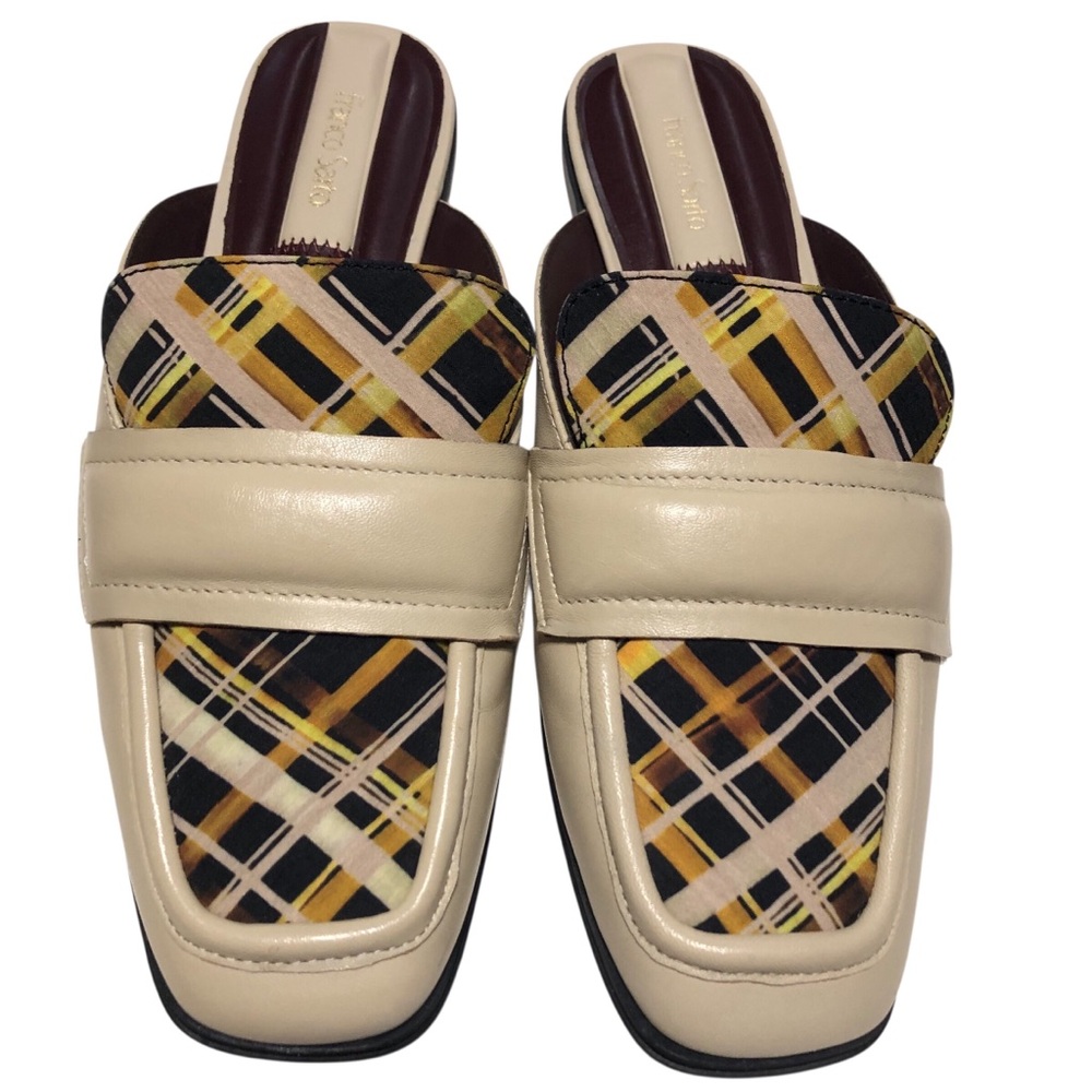 Beige Plaid Leather Mules - Women